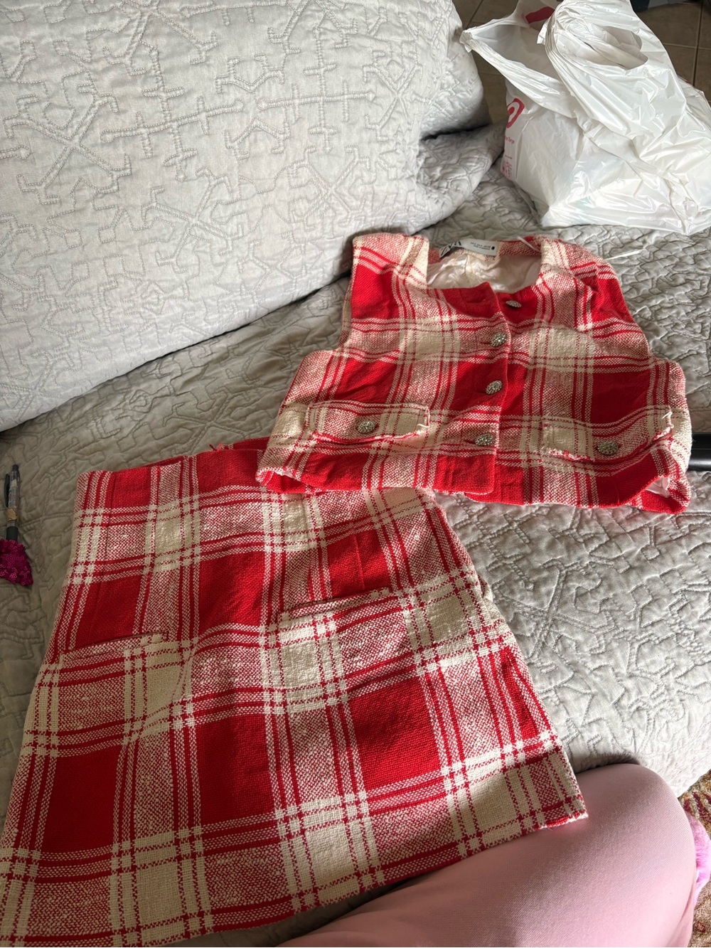 Red & Cream Plaid Two-Piece Skirt Set